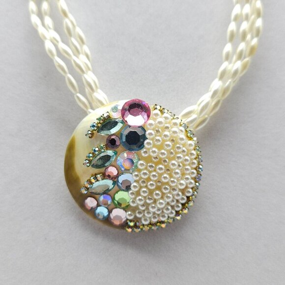 Vintage MOP Abalone Pearl Necklace Clip-On Earrings Set With Rhinestone Accents - Picture 2 of 9